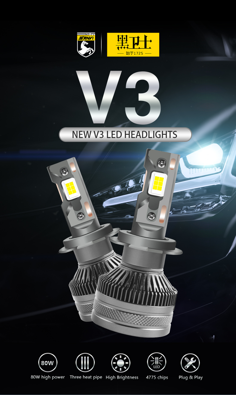 Sanvi auto lighting new arrival 80w stable power three heat pipes h1 h4 h7 h11 9005 9006 9012 V3PRO led headlight bulbs  