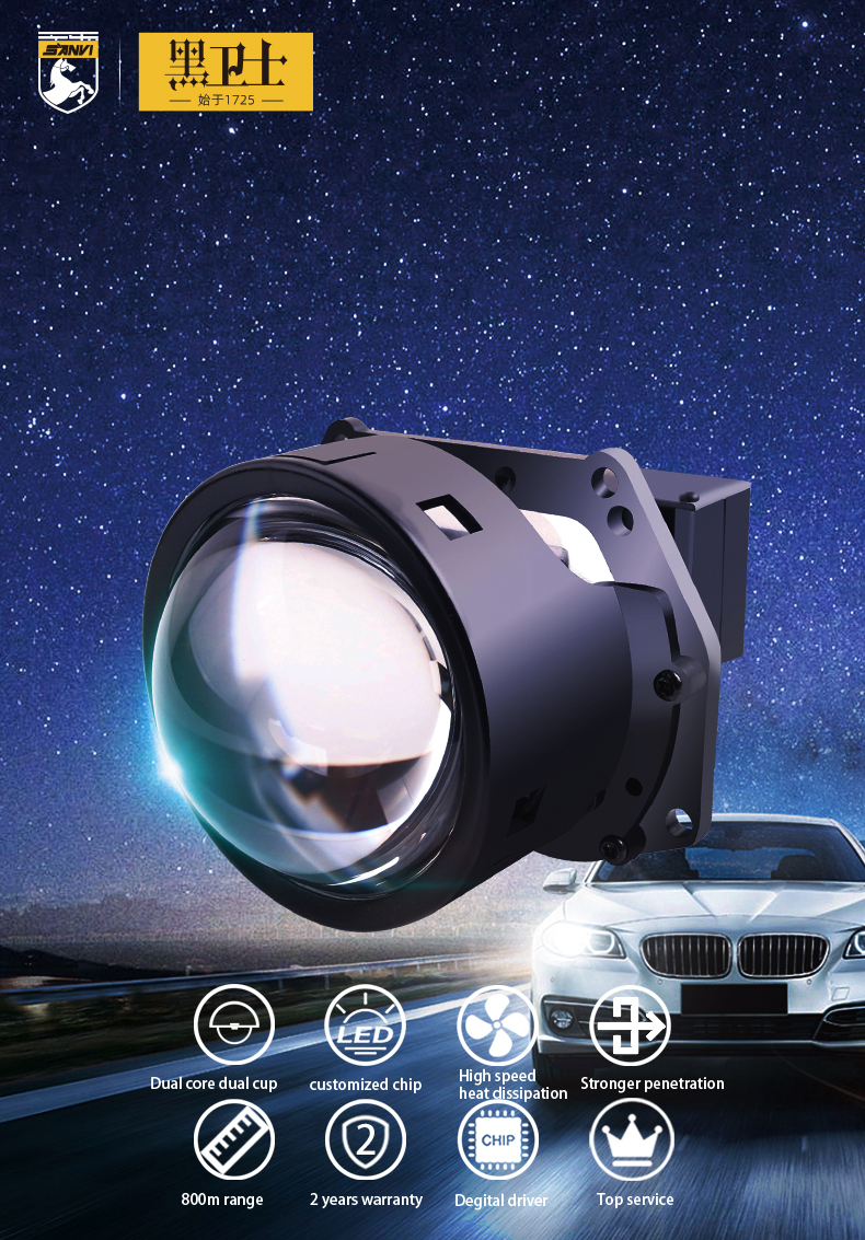 Sanvi auto lights 48w 58w 6600k high low beam car led lens new 3 inch SV01 bi led projector lens headlight retrofit kits  