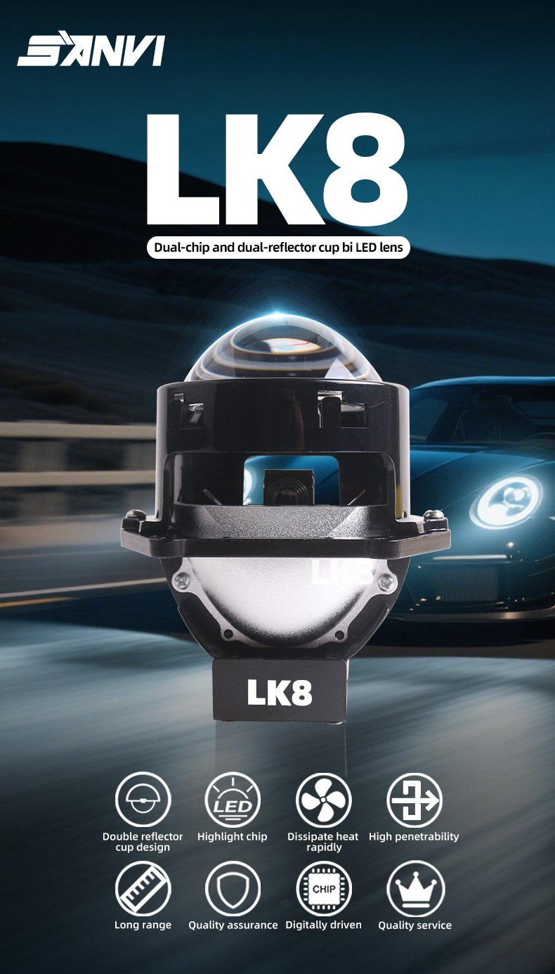 Sanvi auto lighting system new arrival 3 inch 6000K 52W 60W LK8 LED projector lens headlight retrofit kits for car motorcycle headlights