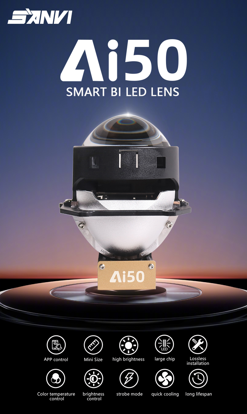 Sanvi auto lighting system new arrival 61w 6000k 3000k smart Ai50 bluetooth app led projector lens headlight brightness power color adjustable led headlights