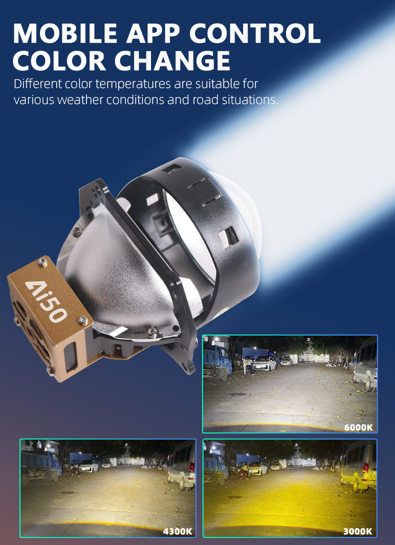 Sanvi auto lighting system new arrival 61w 6000k 3000k smart Ai50 bluetooth app led projector lens headlight brightness power color adjustable led headlights