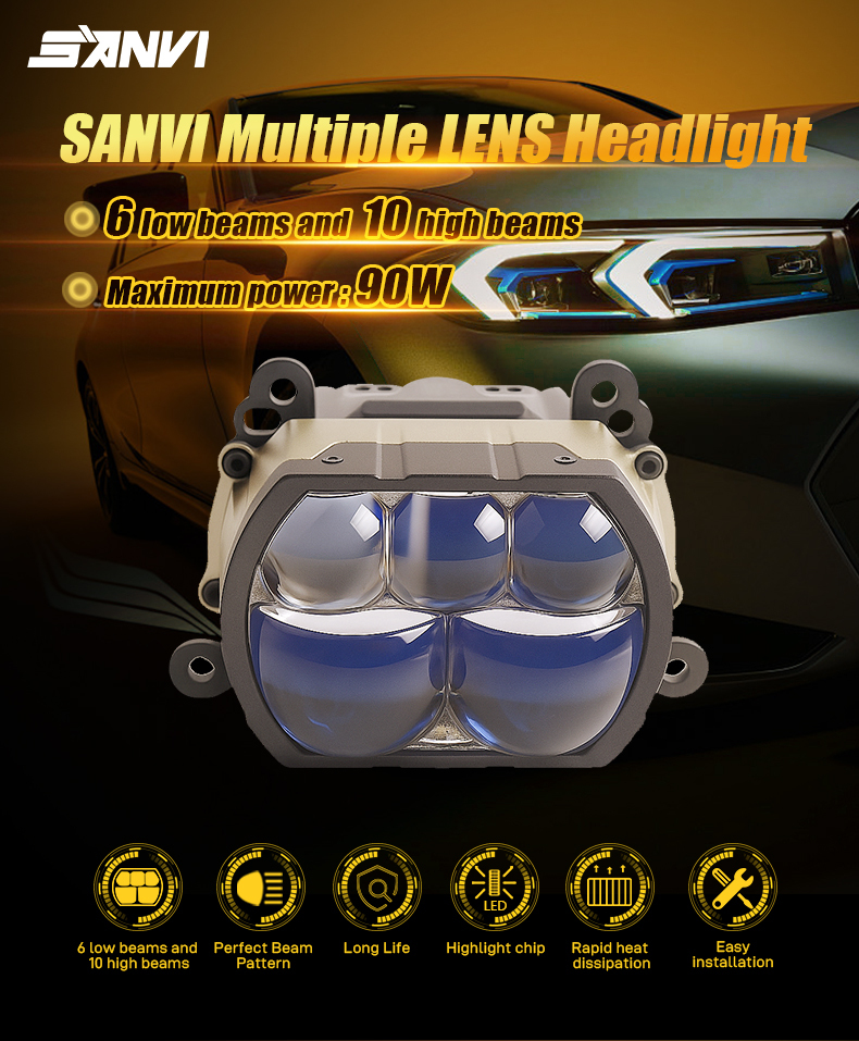 Sanvi auto lights 60w 90w 6000k B5 Blue Lens led projector lens headlight with 5pcs blue led lens for car motorcycle headlight