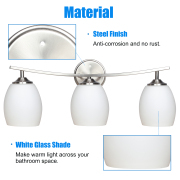 MingBright Bath Wall Vanity Light with 3Lights, 22Inch Brush Nickel Vanity Light Fixture for Bathroom, Bedroom, Dual-Mount Vanity Lighting with White Glass Shade (3Bulbs Included)