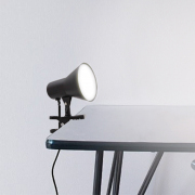 5.5-in Adjustable Black Clip Desk Lamp with Metal Shade, Mini LED Desk Lamp With Rocker Switch behind the lamp