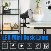 5.5-in Adjustable Black Clip Desk Lamp with Metal Shade, Mini LED Desk Lamp With Rocker Switch behind the lamp