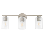 3-light Vanity Light With Clear Ribbed Glass Shades, Brushed Nickel Metal Base, E26 Socket, Cetl Certified For Bathroom, Bedroom, Vanity