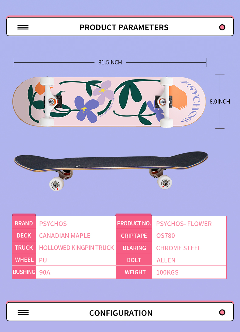 100% Canadian hard rock skateboard complete PSYCHOS skateboard -Flower Series