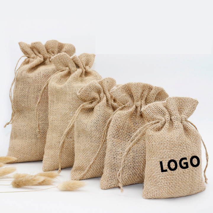 Custom Logo Printed Burlap Hessian Coffee Christmas Gift Drawstring Jute Gunny Pouch Brown Cotton String Jute Bag