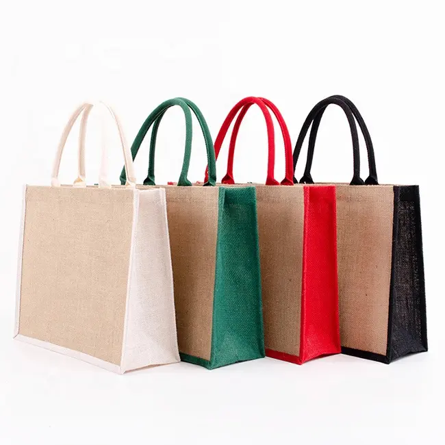 Colorful Eco Friendly Green PE Lamination Burlap Grocery Foldable Reusable Tote Shopping Bags sac en Jute Bags with Custom Logo