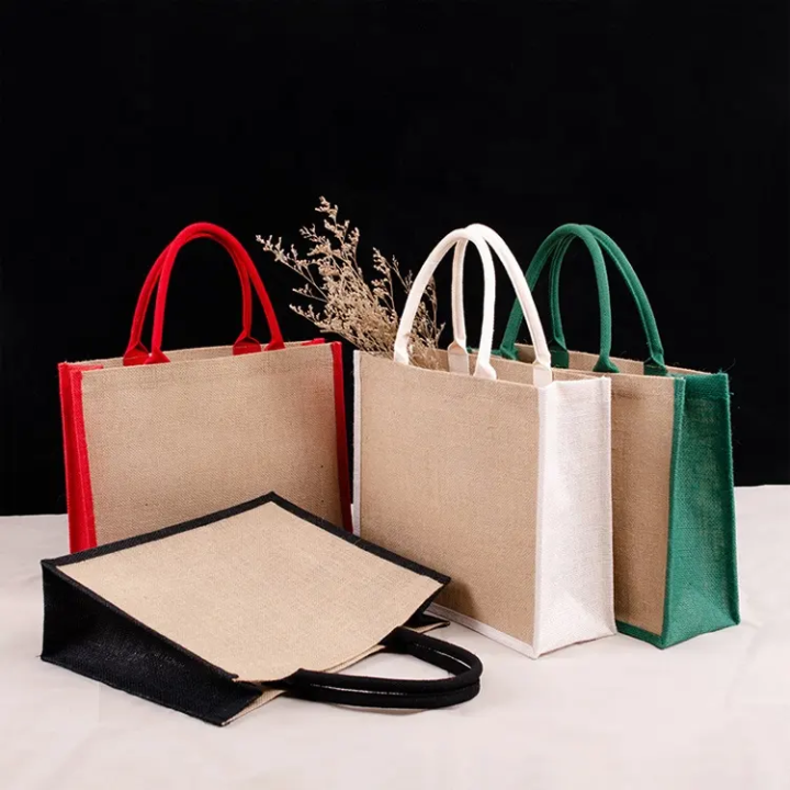Colorful Eco Friendly Green PE Lamination Burlap Grocery Foldable Reusable Tote Shopping Bags sac en Jute Bags with Custom Logo