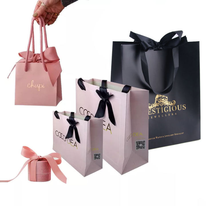 Custom Design Ribbon Handle Black Luxury Jewelry Cosmetic Gift Clothing Shopping Packaging 250 gsm Art Paper Bag For Clothes