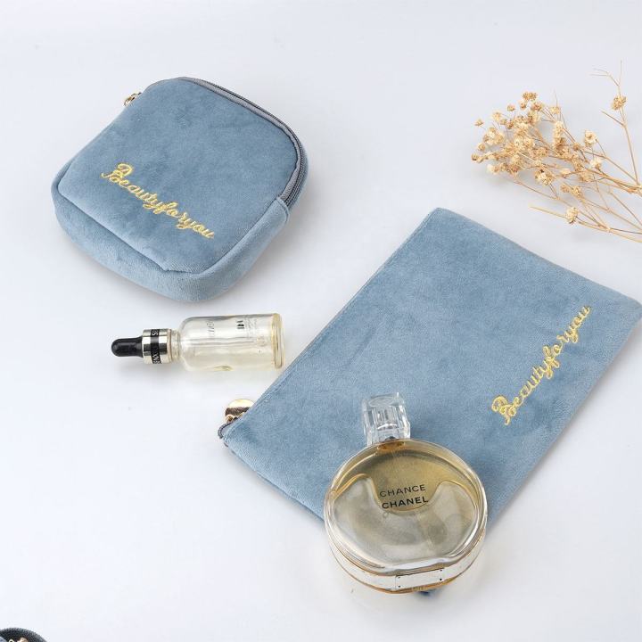 Custom Logo Printing Velvet Zipper Makeup Case Luxury Travel Cosmetic Brush Packing Portable Makeup Storage Bag