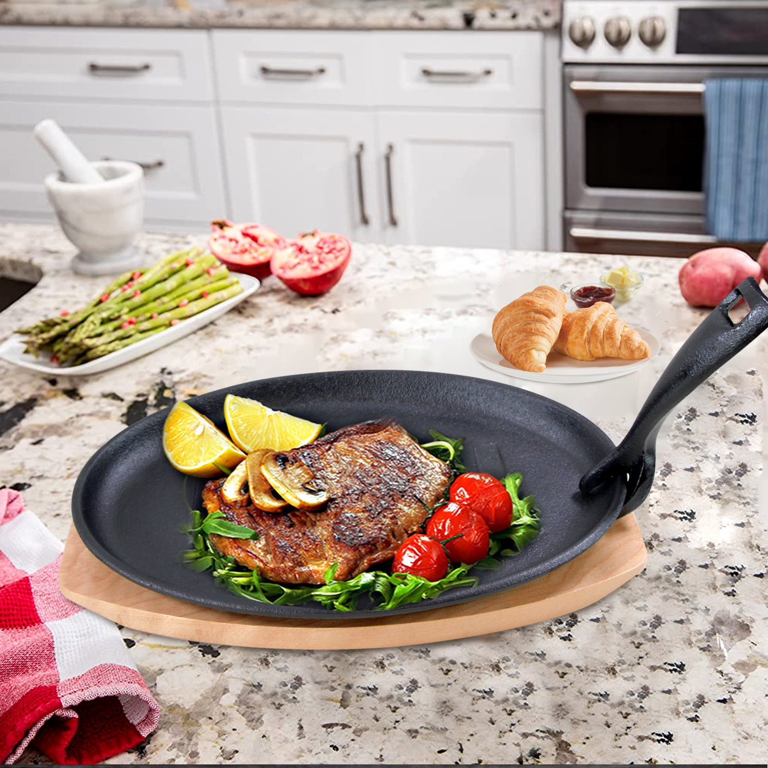 preseasoned cast iron sizzling pan with wooden base ,sizzler,frypan,skillet