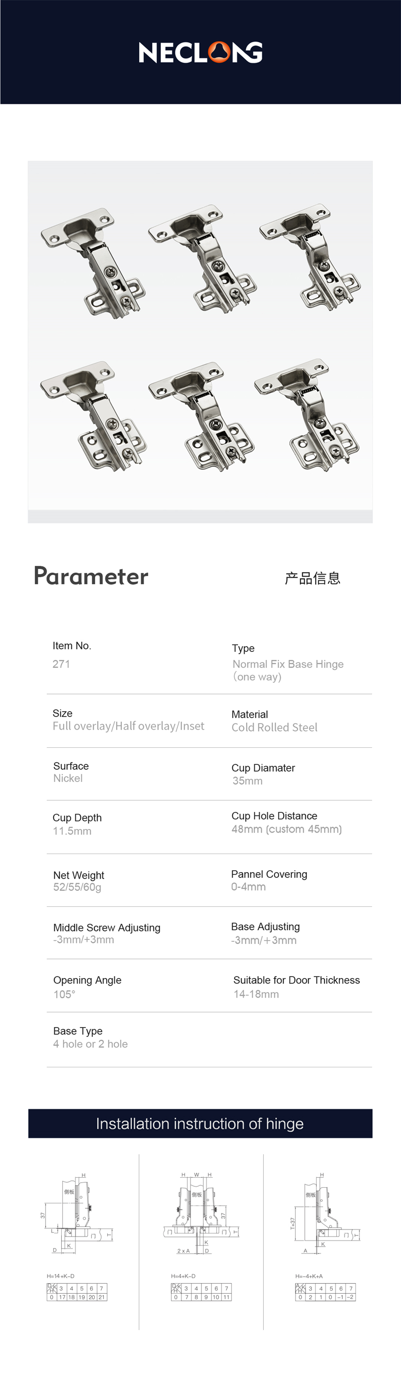 One Way Normal Hinge Slide-on Soft Close 35mm Cup Furniture Fitting Hinge for Kitchen Cabinet