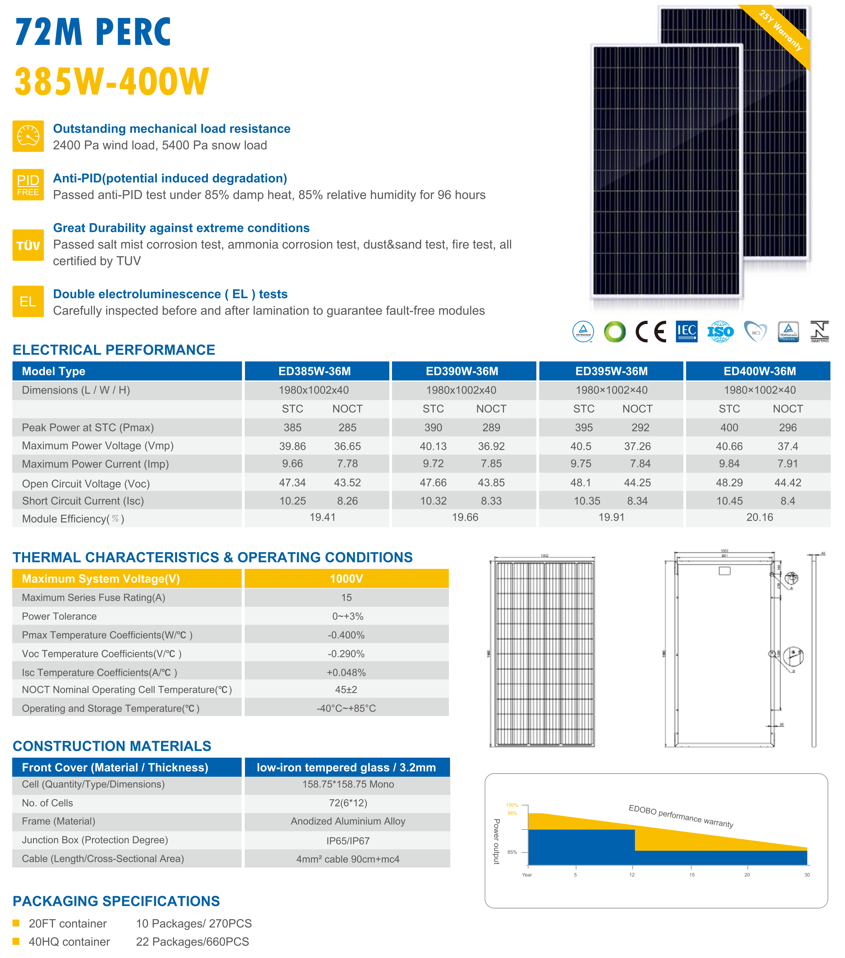 Edobo 390w 400w Solar Panels high efficiency N type solar panel Factory wholesale price