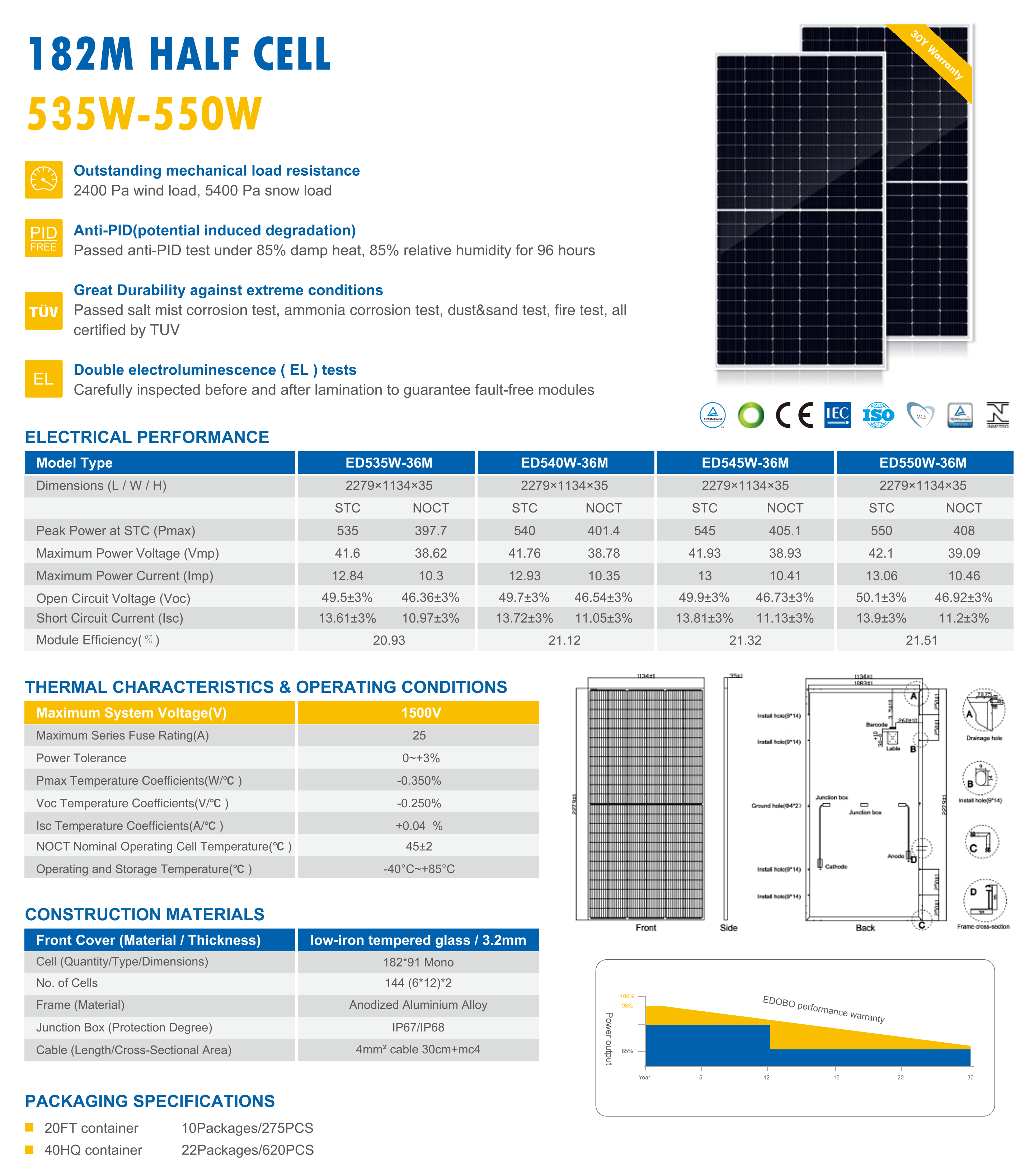 Edobo solar Bifacial Solar Panels Mono 500W 550WWp All Black Monocrystalline