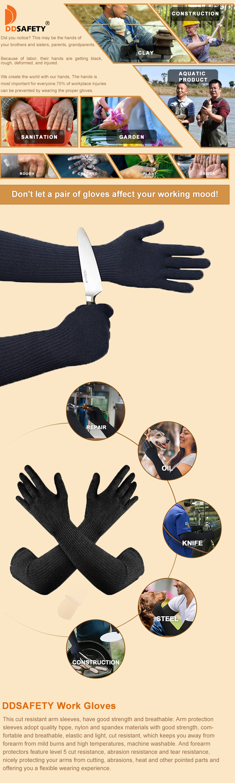 HPPE Gloves with Sleeves - Anti Scratch, Heat & Cut Resistant Sleeves Gloves - DCR845 HPPE Gloves with Sleeves - Anti Scratch, Heat & Cut Resistant Sleeves Gloves - DCR845 Level 3 Protection gloves sleeve,Cut Resistant Safety Sleeves,100% Kevlar Gloves with Sleeves,Anti Scratch gloves sleeve