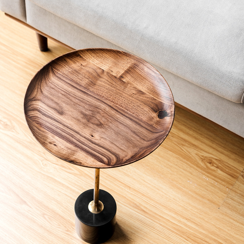 TPZ062 small round shape walnut top marble base living room side table   