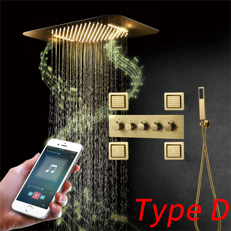 Ceiling Embedded LED Music Shower Head 580*380mm Rain and Waterfall Thermostatic Main Body Chrome/Black/Gold Shower Faucet Set