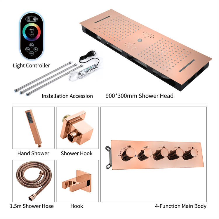 Rose Gold Shower Faucet Set Ceiling Embedded 36*12 Inch Rain Waterfall Column LED Shower Head with Music Speaker System