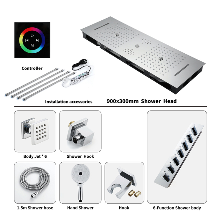 Ceiling Mounted 36*12 inch LED Shower Head with Music System Rainfall Waterfall Column Mist Thermostatic Shower Faucet Set