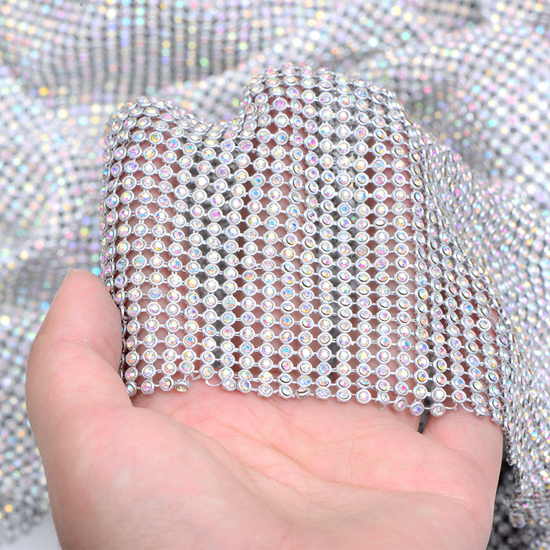 45x120cm Silver Aluminum Mesh Glass Rhinestones Trim Metal Fabric Crystal Mesh Banding Sewing Strass Applique for Jewelry