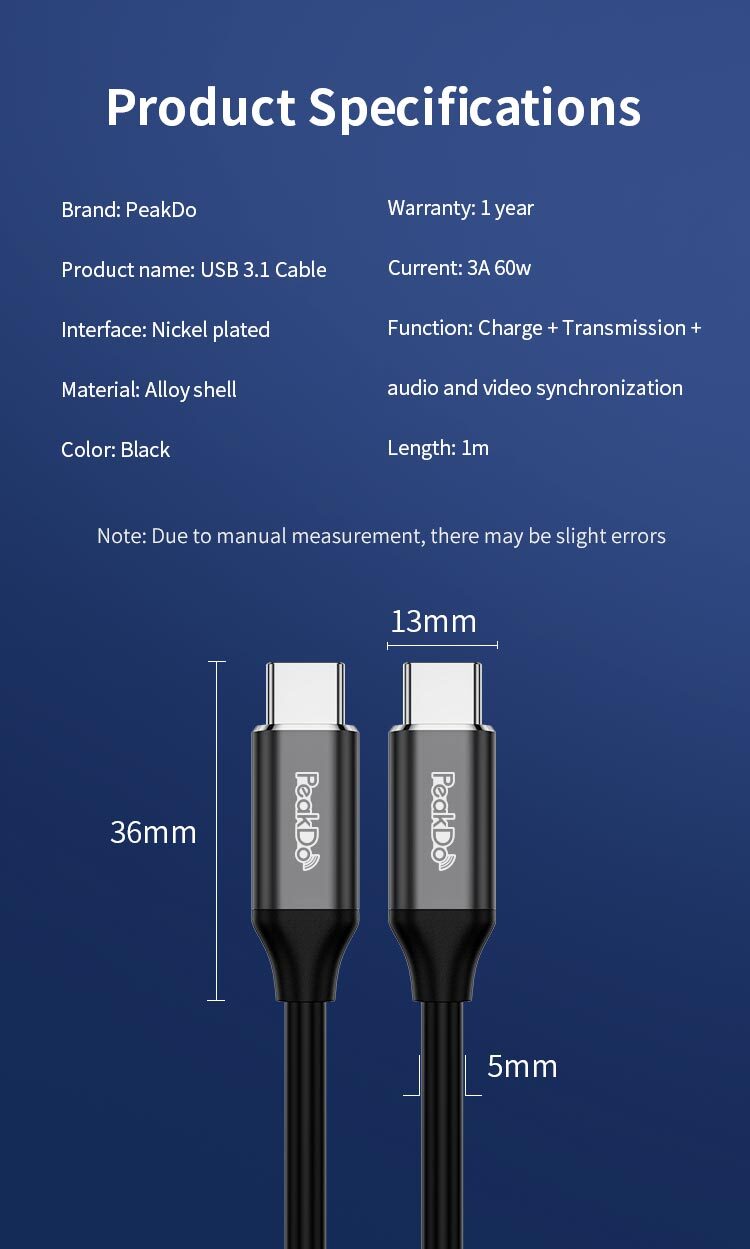 PeakDo USB C Type-C Cable Male to Male, Fast Charging 3A  usb c cable,type c cable,usb c male to male cable,type c male to male cable,usb c charging cable