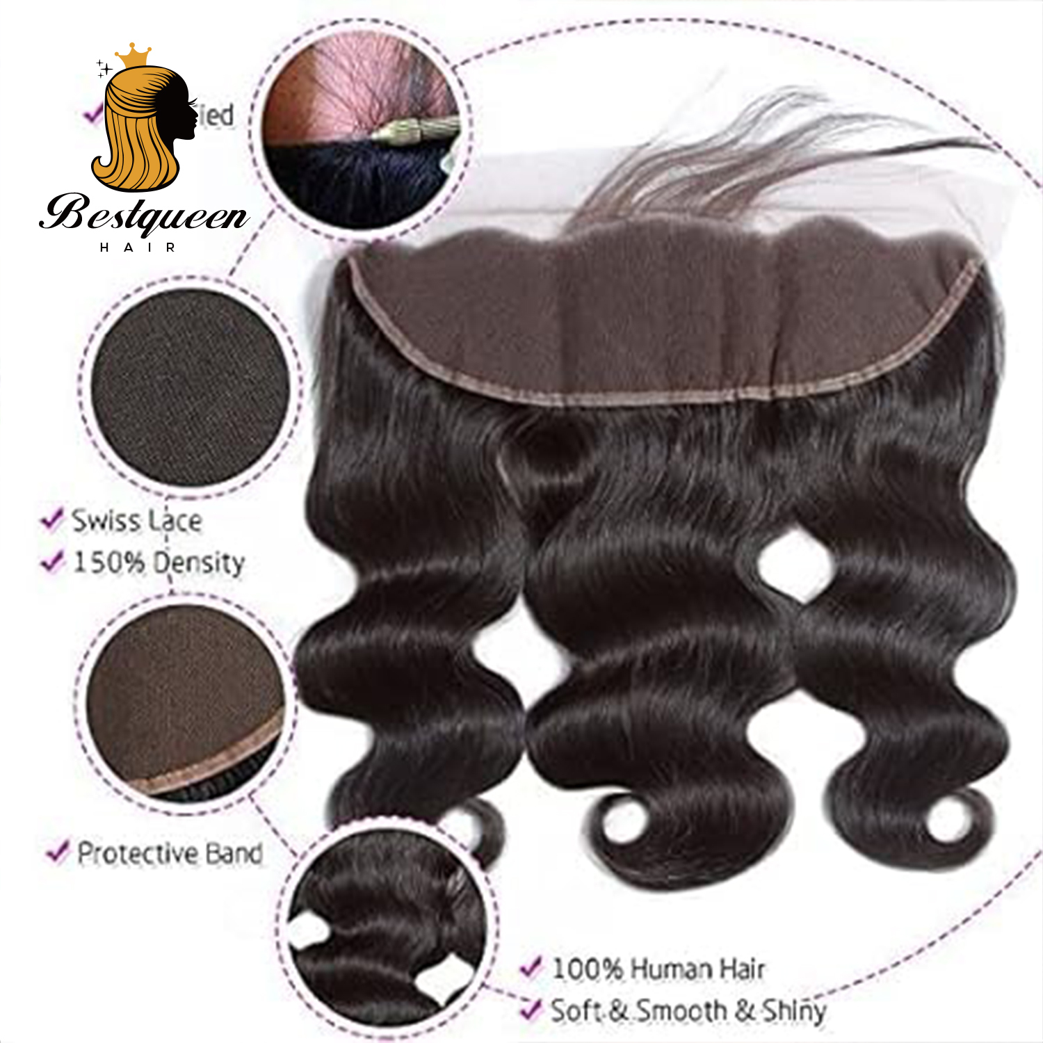BestqueenHair Lace Closure Frontal Illusion Lace Closure Body Wave ,Invisible Lace Raw Unprocessed Hd Closure  