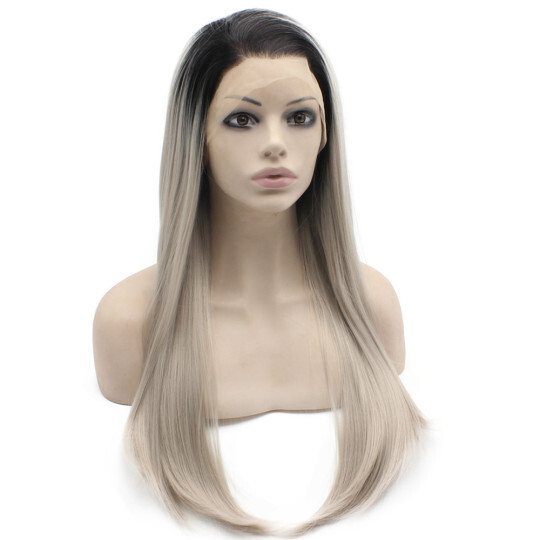 Long Straight Ombre Black Gray Blonde Two Tone Lace Front Wig Gray lace front wigs | shoulder length black wig