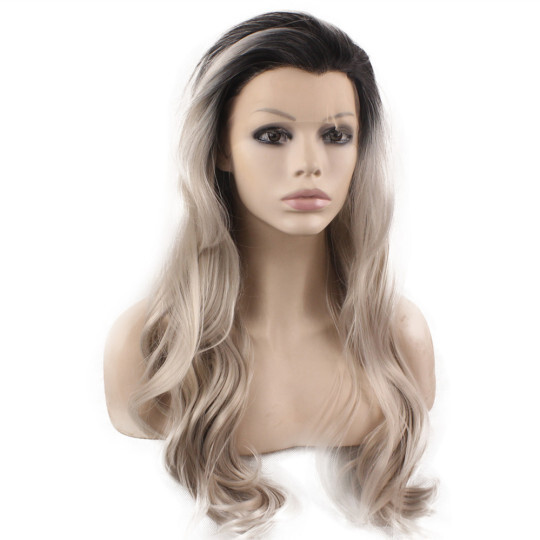 Long Wavy Black Gray Blonde Two Tone Lace Front Ombre Wig blonde ombre | gray lace front wigs