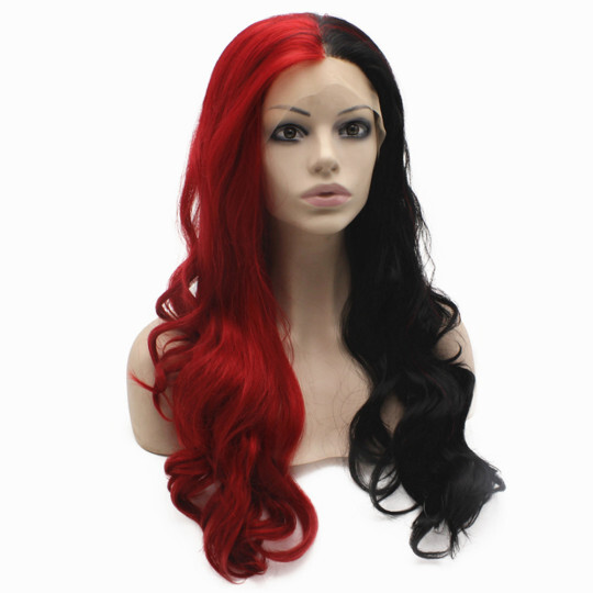 Half Black and Red Long Wavy Lace Front Wig Long Black and Red Wavy Synthetic Wig - red and black wig