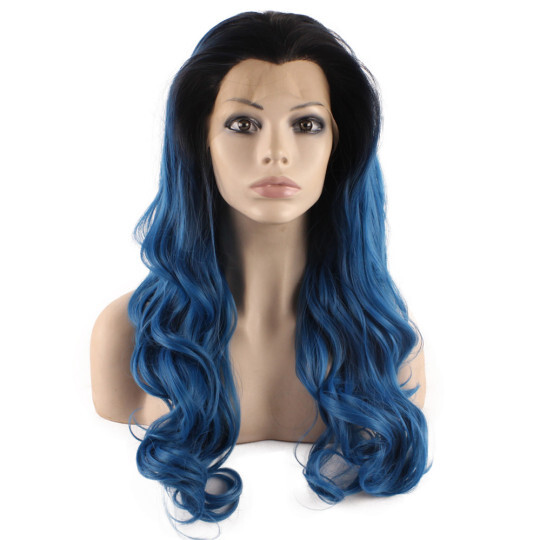 Dark Blue Wavy Wig with Dark Roots blue wig | dark blue wig