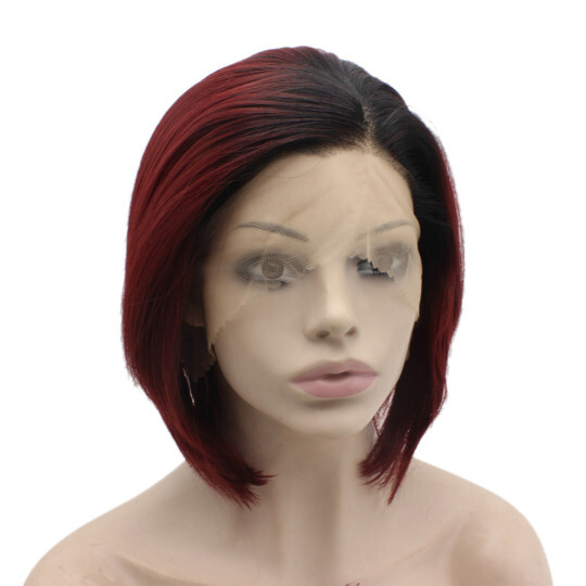 Black Red Ombre Short swiss Lace Front Bob Wig Synthetic black bob wig | black wig