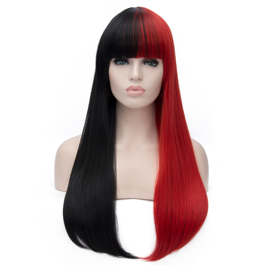 Long Straight Heat Safe Fiber Hair Half Black and Red Cosplay Party Wig half red half black wig | long black wig