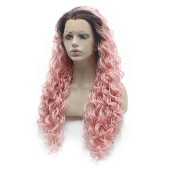 Long Curly Pink Wig 26inch Long Curly Dark Roots Pink Ombre Heat Resistant Lace Front Wig