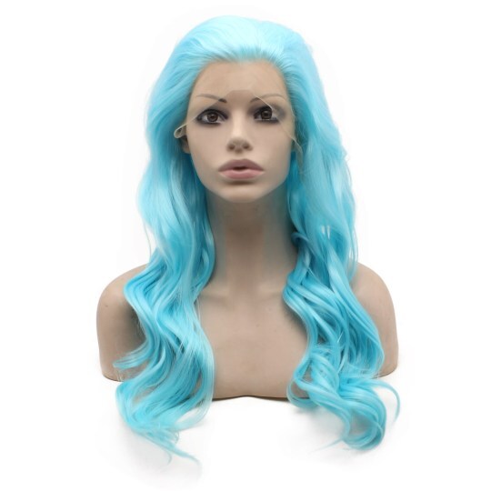 Light Blue Long Wavy Wig Long Wavy Hand Tied Lace Front Synthetic Fiber Hair Cosplay Party Blue Wig