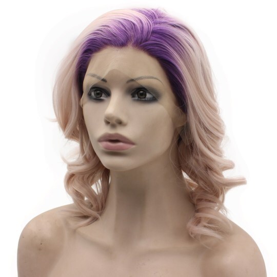 Shoulder Length Wavy violet Pink Ombre Swiss Lace Front Wig Synthetic ombre pink wig | pink ombre wig