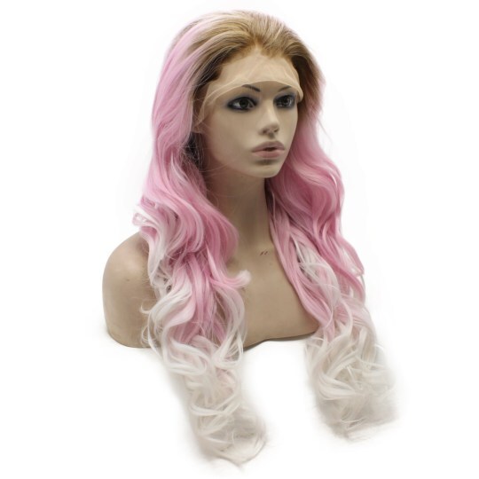 Long Wavy Lace Front White Tip Pink Ombre Three Tone Cosplay Party Wig White Tip Pink Ombre Three Tone Cosplay Party Wig| Lace Front Wig