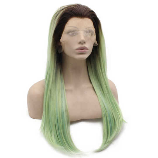 Long Straight Dark Roots Ombre Light Green Lace Front Wig Cosplay dark roots | green cosplay wig
