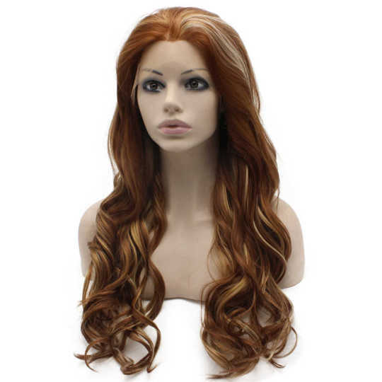 Highlighted Auburn Wavy Long Wig auburn wavy wig | brown wigs with highlights