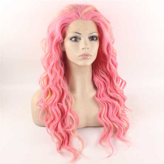 Pink with Blonde Highlights Wavy Medium Length Wig light pink wig | medium length wig