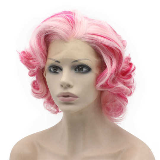 Light Pink Short Curly Wig with Darker Pink Highlights curly pink wig | light pink wig