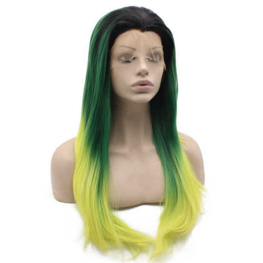 Ombre Green Yellow Dark Root Straight Wig green wig | green ombre wig