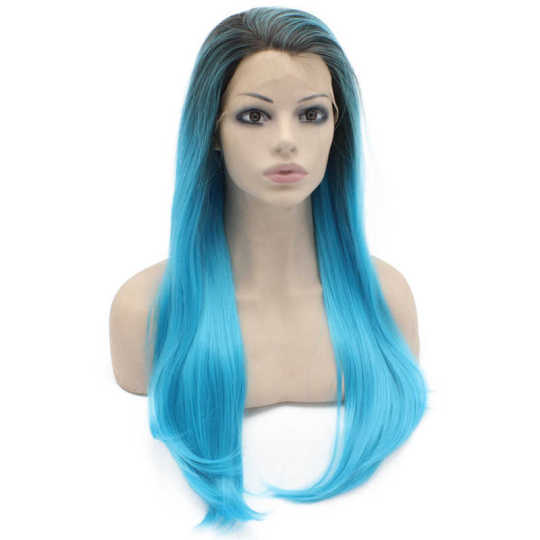 Long Straight Hand Tied Lace Front Dark Root Ombre Blue Two Tone Wig Blue ombre wig | dark blue wig