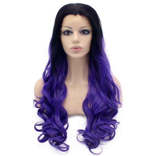 Long Wavy Black Violet Purple Two Tone Lace Front Ombre Wig blonde wavy wigs | long wavy wigs