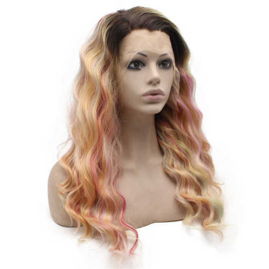 Wavy Long Wig with Coloured Highlights and Dark Roots dark red wig | long wavy red wig