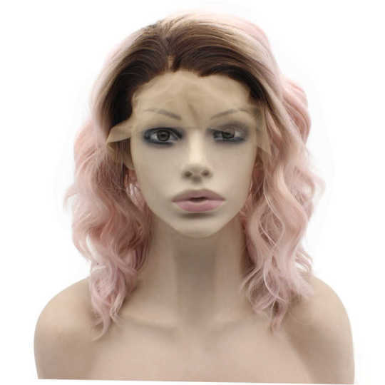Short Wavy Ombre Brown And Pink Wavy Wig ombre pink wig | pink ombre wig