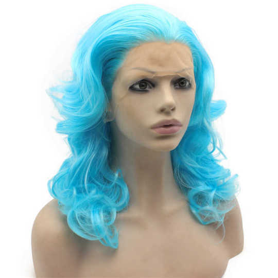 16inch Shoulder Length Pastel Blue Wavy Lace Front Synthetic Party Wig 16inch Shoulder Length Pastel Blue Wavy Lace Front Synthetic Party Wig