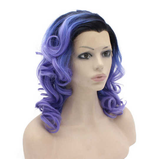 Ombre Black and Violet Shoulder Length Curled Wig black wig | violet wig