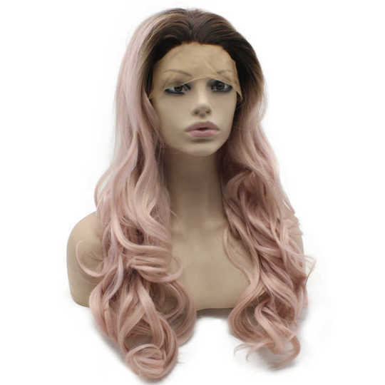 Long Wavy Brown Root Pink Ombre Lace Front Wig Brown Root Pink Ombre Lace Front Wavy Wig